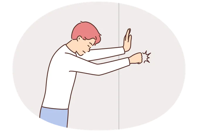 Wütender Mann schlägt mit Faust gegen Wand  Illustration