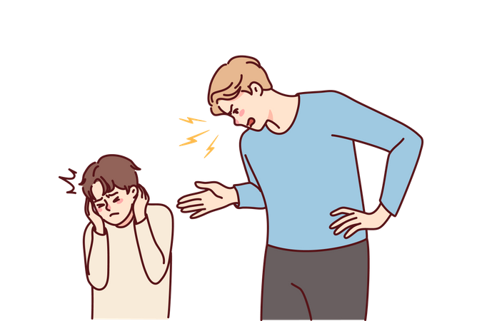 Wütender Vater schimpft mit Sohn und hält ihm mit den Händen die Ohren zu  Illustration