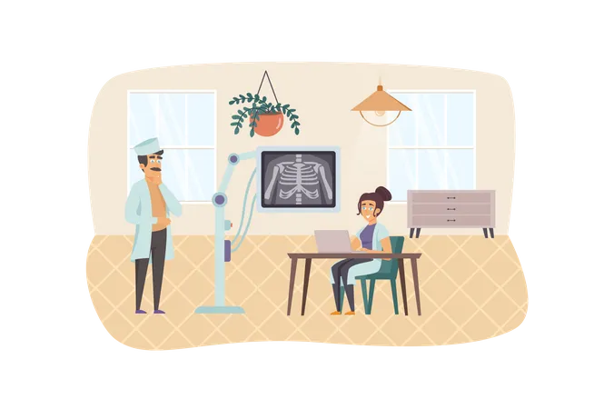 X Ray Medical Diagnostics Scene Doctor Examines Xray Image Of Chest Bones Nurse Assists Radiology Clinic Service Healthcare Concept Vector Illustration Of People Characters In Flat Design Illustration