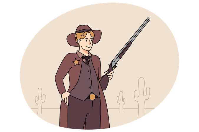 Xerife masculino com arma nas mãos  Ilustração