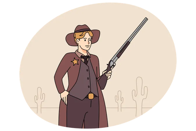 Xerife masculino com arma nas mãos  Ilustração