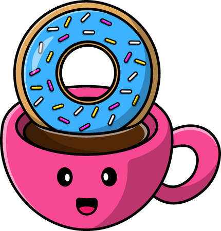 Xícara de café quente com donut  Ilustração