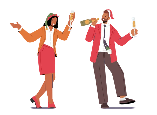 Xmas Celebration Happy Business People At Christmas And New Year Corporate Party Positive Man And Woman In Santa Claus Hats Dancing With Champagne Glasses Having Fun Cartoon Vector Illustration Illustration