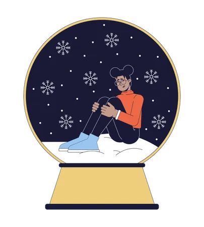 Xmas Holiday Depression 2 D Linear Illustration Concept Tired African American Woman Cartoon Character Isolated On White SAD Christmas Stress Snow Globe Metaphor Abstract Flat Vector Outline Graphic Illustration