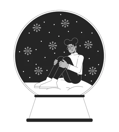 Xmas Holiday Depression Black And White 2 D Illustration Concept Tired African American Woman Cartoon Outline Character Isolated On White Christmas Stress Snow Globe Metaphor Monochrome Vector Art Illustration