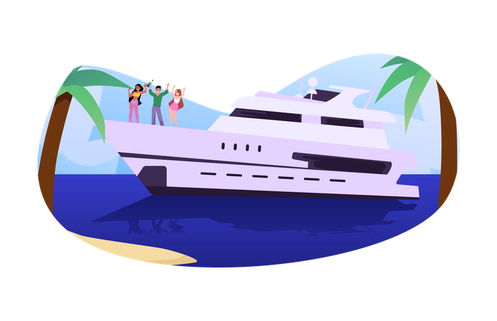 Yacht with people living a luxurious lifestyle of rich  Illustration