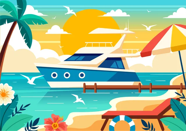 Yachts Vector Illustration With Ferries Cargo Boats And Ship Sailboat Of Water Transport At The Beach In Sunset Flat Cartoon Background Illustration