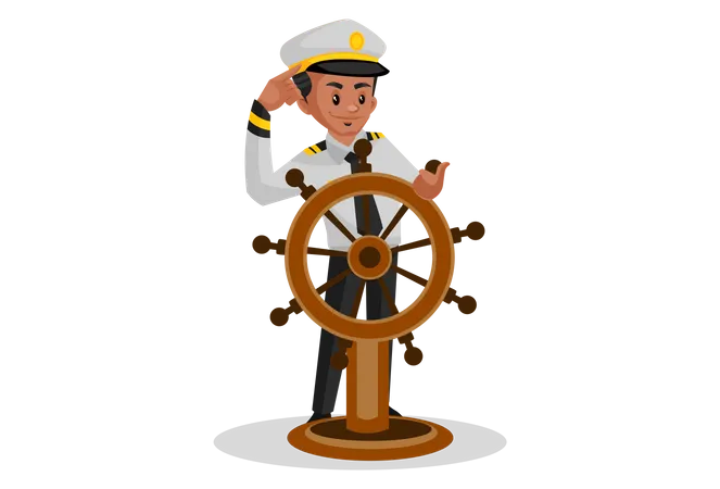 Yachtsman turning the ship using steering wheel Illustration