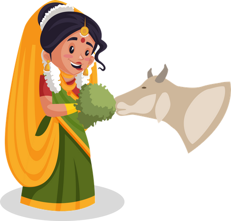 Yashoda maa donne de l'herbe à une vache  Illustration