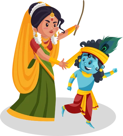 Madre yashoda corriendo detrás del señor krishna  Ilustración