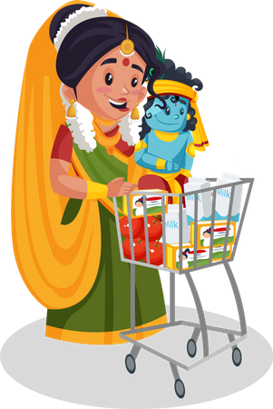 Yashoda maa doing shopping while holding little lord krishna  Illustration