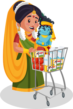 Yashoda maa fait du shopping tout en tenant le petit seigneur Krishna  Illustration