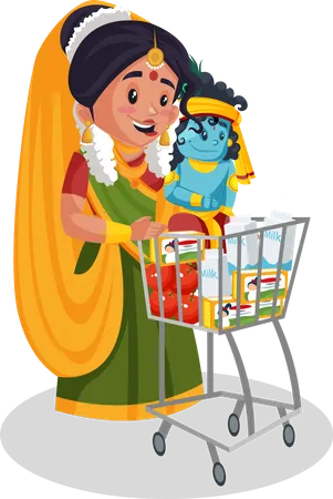 Yashoda maa fait du shopping tout en tenant le petit seigneur Krishna  Illustration