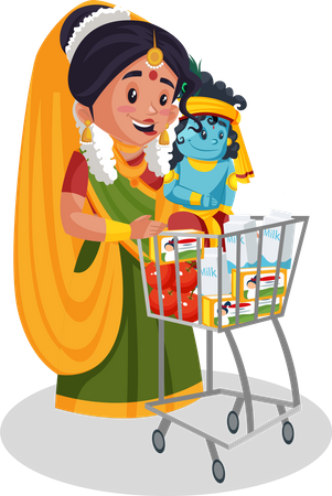 Yashoda maa fait du shopping tout en tenant le petit seigneur Krishna  Illustration