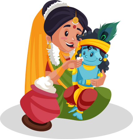 Best Premium Yashoda maa feeding butter to lord krishna Illustration  download in PNG & Vector format