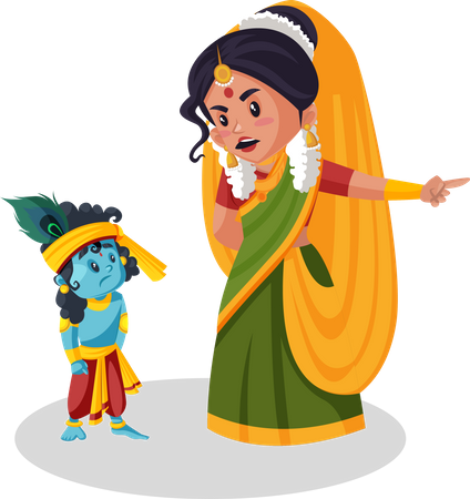 Yashoda maa gritando com o pequeno Krishna  Ilustração