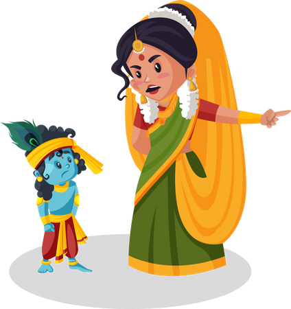 Yashoda maa gritándole al pequeño Krishna  Ilustración