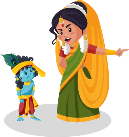 Yashoda maa gritándole al pequeño Krishna  Ilustración