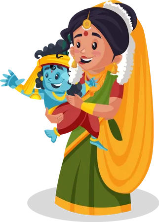 Yashoda maa segurando o bebê Krishna  Ilustração