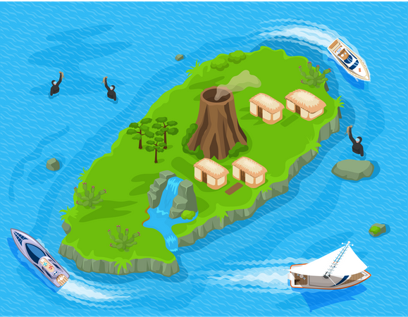 Yate de crucero cerca de isla tropical  Ilustración