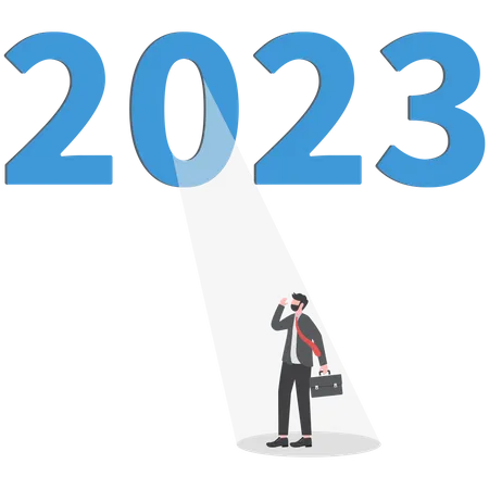 Year 2023 Business Opportunity Bright Future On Economic Recovery Hope Or Motivation To Overcome Difficulty Concept Year 2023 With Bright Spotlight From Number Zero Light Up On Hopeful Businessman Illustration