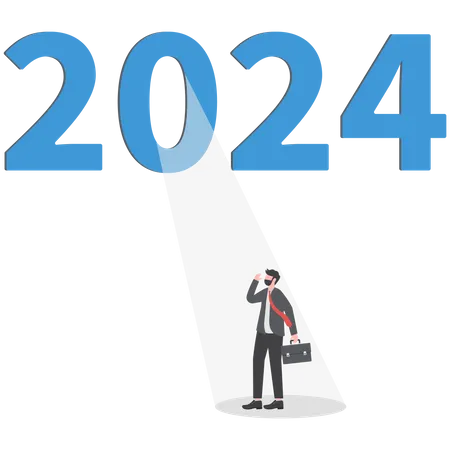 Year 2024 Business Opportunity Bright Future On Economic Recovery Hope Or Motivation To Overcome Difficulty Concept Year 2024 With Bright Spotlight From Number Zero Light Up On Hopeful Businessman Illustration