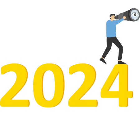 Year 2024 Business Outlook Vision To See The Way Forward Forecast Prediction And Business Success Concept Businessman Leader Using Telescope To See Vision On Top Of Ladder Above Year 2024 Number Illustration
