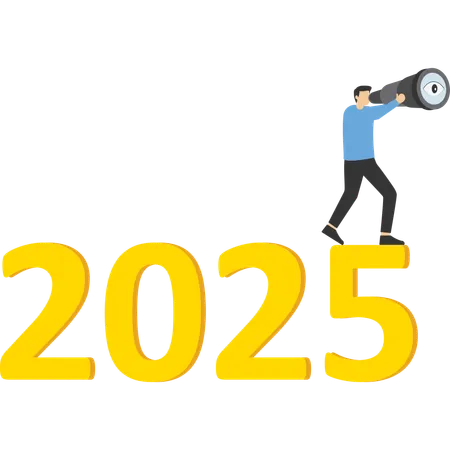Year 2025 Business Outlook Vision To See The Way Forward Forecast Prediction And Business Success Concept Businessman Leader Using Telescope To See Vision On Top Of Ladder Above Year 2025 Number Illustration
