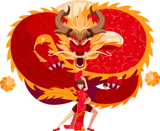 Chinese Zodiac Dragon with Chinese girl  イラスト