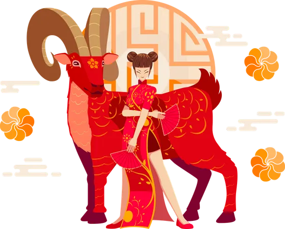 Chinese Zodiac Goat with Chinese girl  イラスト
