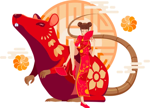 Chinese Zodiac Rat with Chinese girl  Illustration
