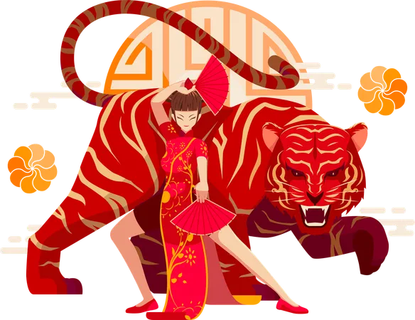 Chinese Zodiac Tiger with Chinese girl  イラスト