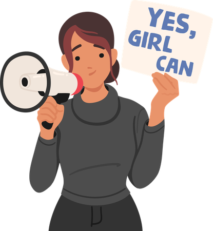 メガホンを持ち、「Yes Girl Can」のサインを掲げる決意の女性  イラスト