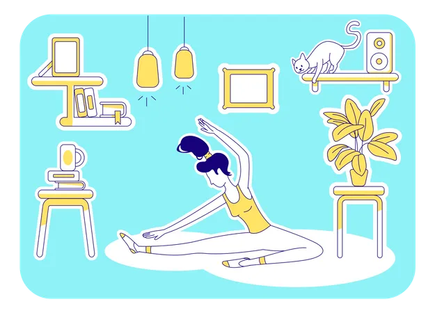 Yoga At Home Flat Silhouette Vector Illustration Woman Stretching On Floor Person Training Exercise Indoors Female Outline Character On Turquoise Background Workout Simple Style Drawing Illustration