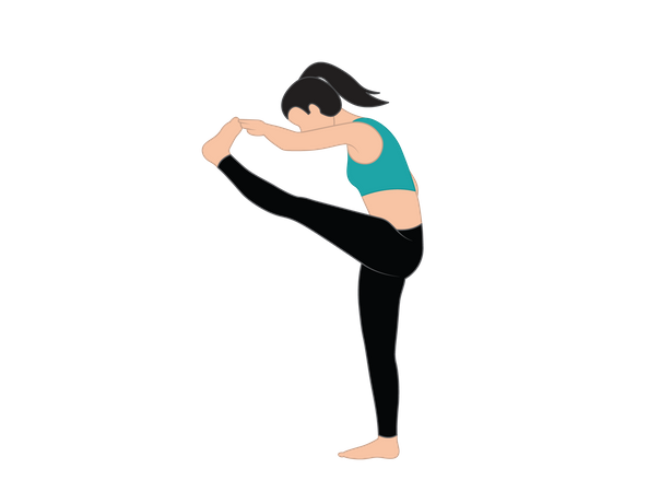 Fille de yoga debout sur une jambe et touche l'orteil avec sa main  Illustration