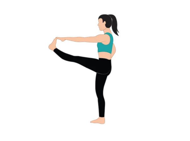 Fille de yoga debout sur une jambe et touche l'orteil avec sa main  Illustration