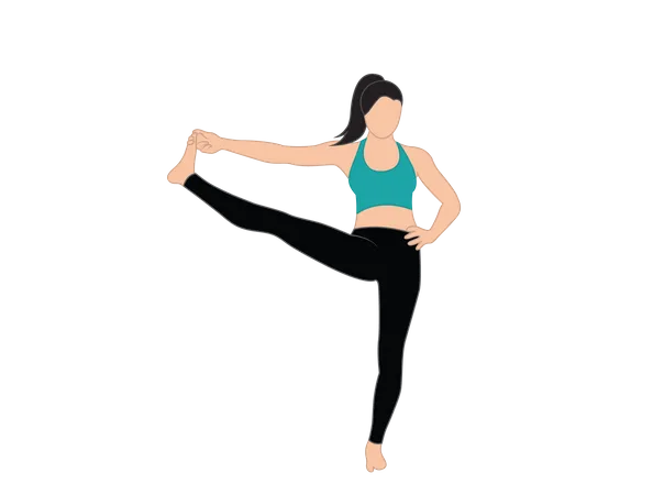 Fille de yoga debout sur une jambe et touche l'orteil avec sa main  Illustration