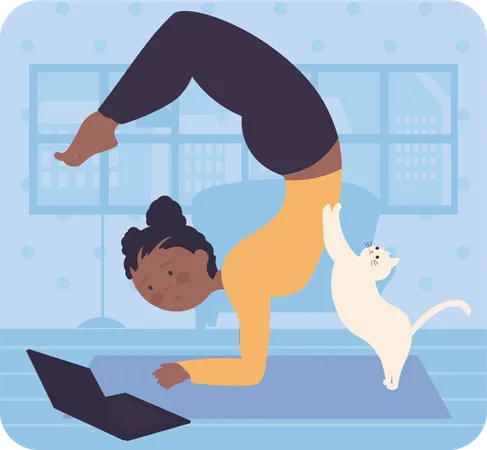 Yoga girl doing online yoga  일러스트레이션