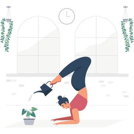 Vector Illustration Cartoon Young Yoga Girl Watering The Tree The Girl Is Upside Down On The Ground Flat Vector Illustration Concept 일러스트레이션