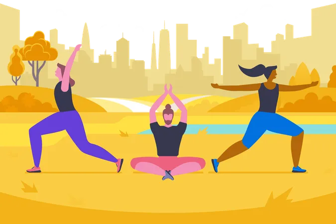 Yoga In Autumn Park Flat Vector Illustration Happy People In Sportswear Cartoon Characters Young Man And Women In Different Poses Fresh Air Exercise Healthy Lifestyle Outdoor Pilates Class 일러스트레이션