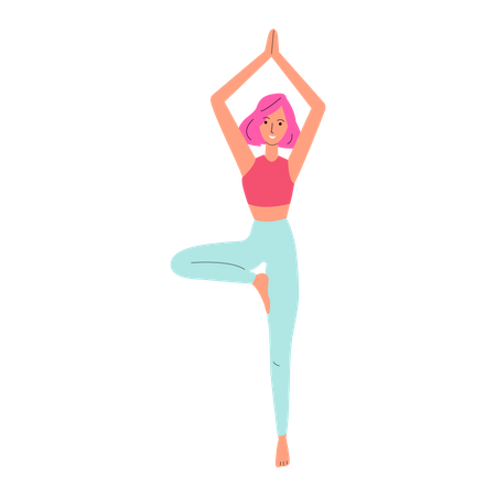 Yoga instructor standing on one leg in tree pose Illustration