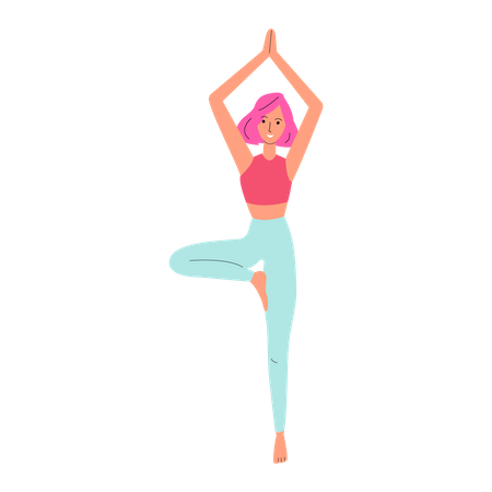 Yoga instructor standing on one leg in tree pose  Illustration