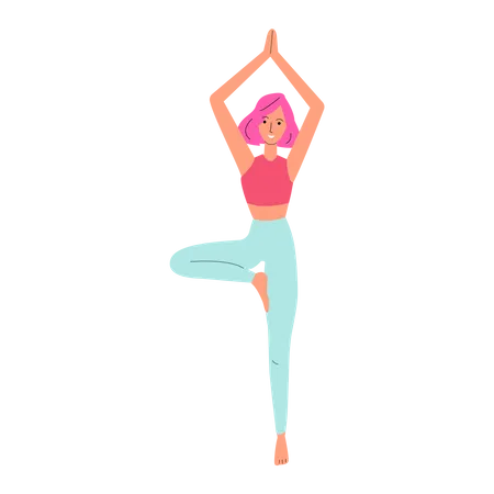 Yoga instructor standing on one leg in tree pose  Illustration