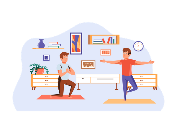 Yoga instructor teaching yoga to male client  Illustration