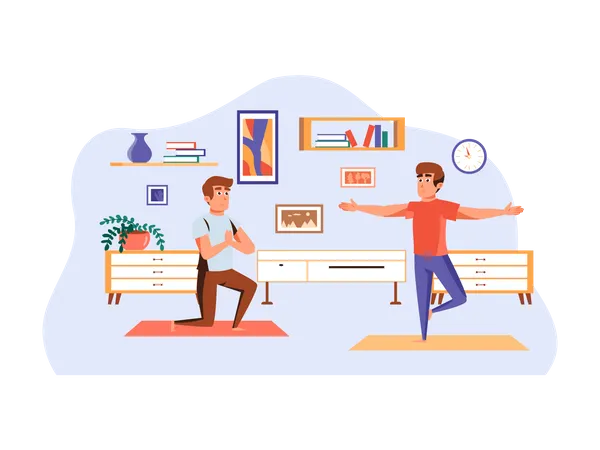 Yoga instructor teaching yoga to male client  Illustration