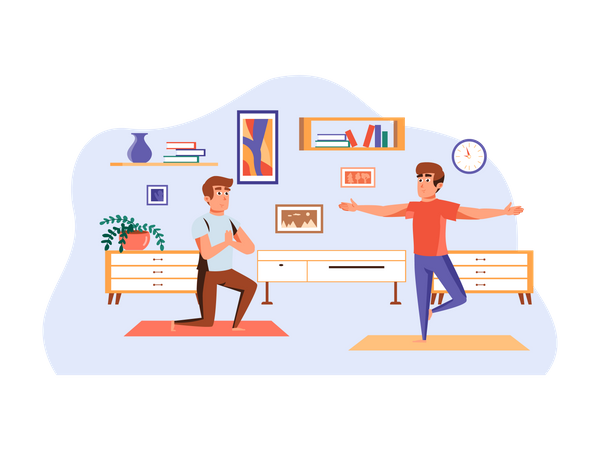 Yoga instructor teaching yoga to male client Illustration