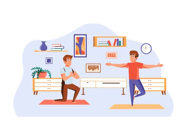 Yoga instructor teaching yoga to male client Illustration