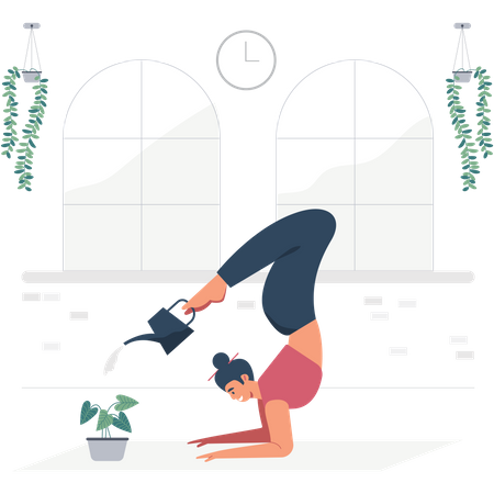 Yoga-Mädchen gießt den Baum  Illustration