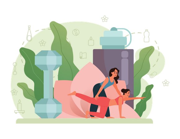 Yoga trainer helping young woman make exercise stretching Illustration