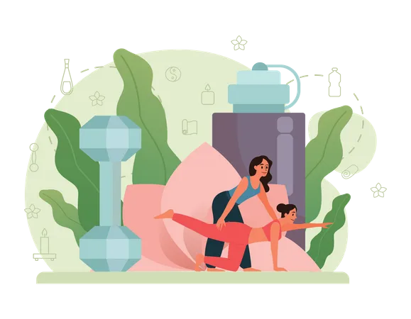 Yoga trainer helping young woman make exercise stretching  Illustration